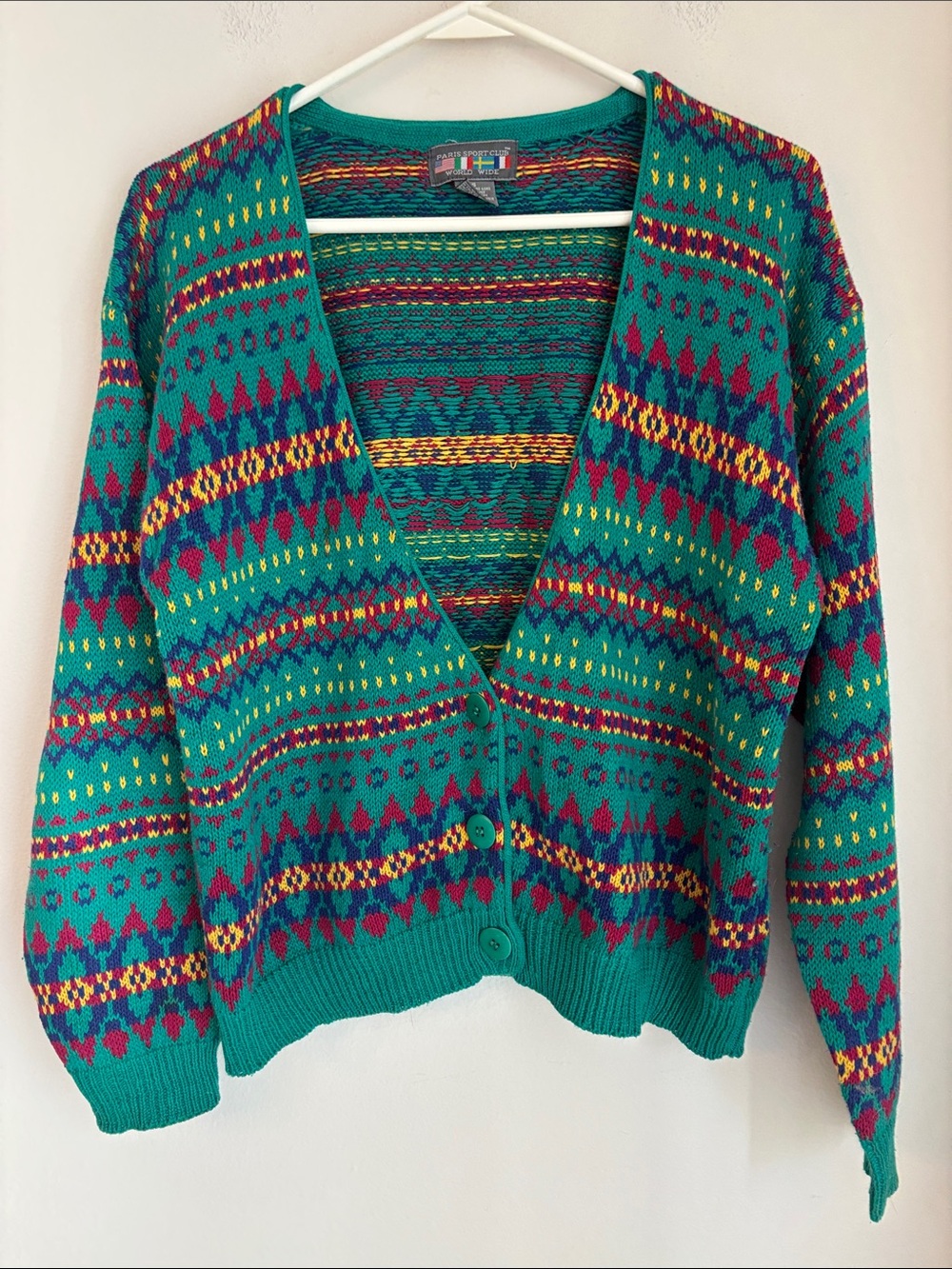 Vintage Paris Sport Club Teal Patterned V-Neck Women's Cardigan Sweater Nordic S
